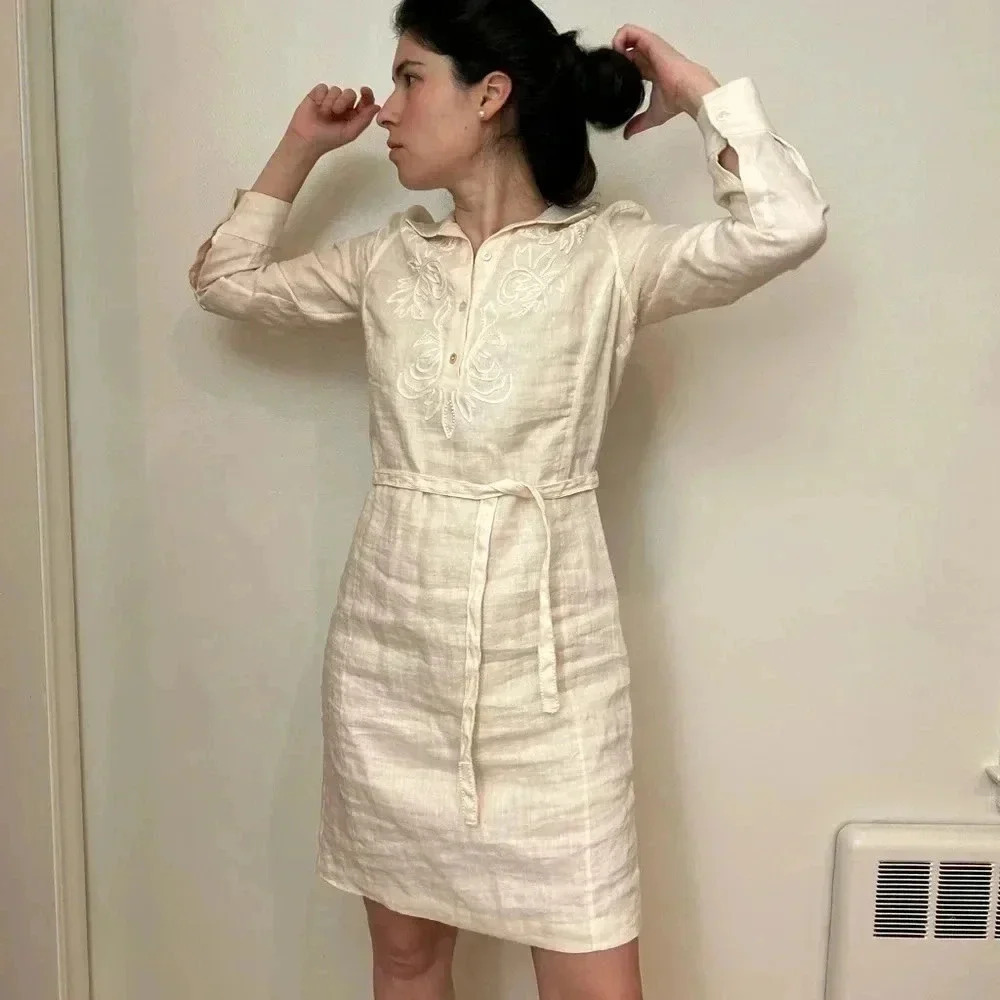 TALBOTS linen embroidered knee length belted shirt dress size 4P sundress dissh